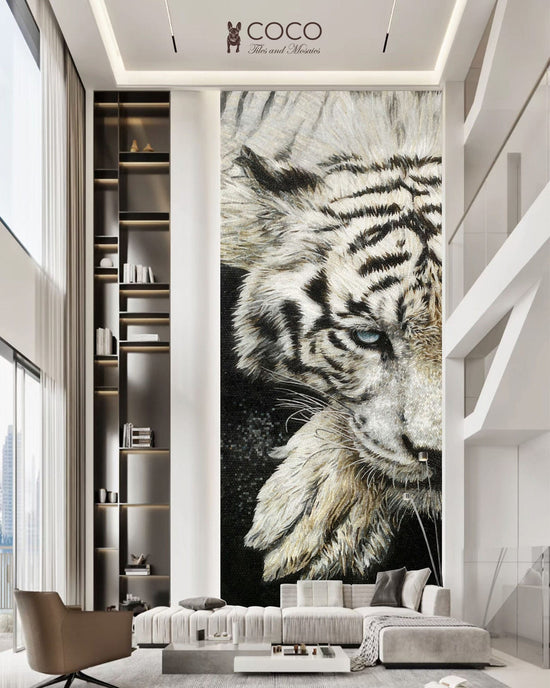 Polar Prowl - Monochrome White Tiger Portrait Glass Mosaic Mural