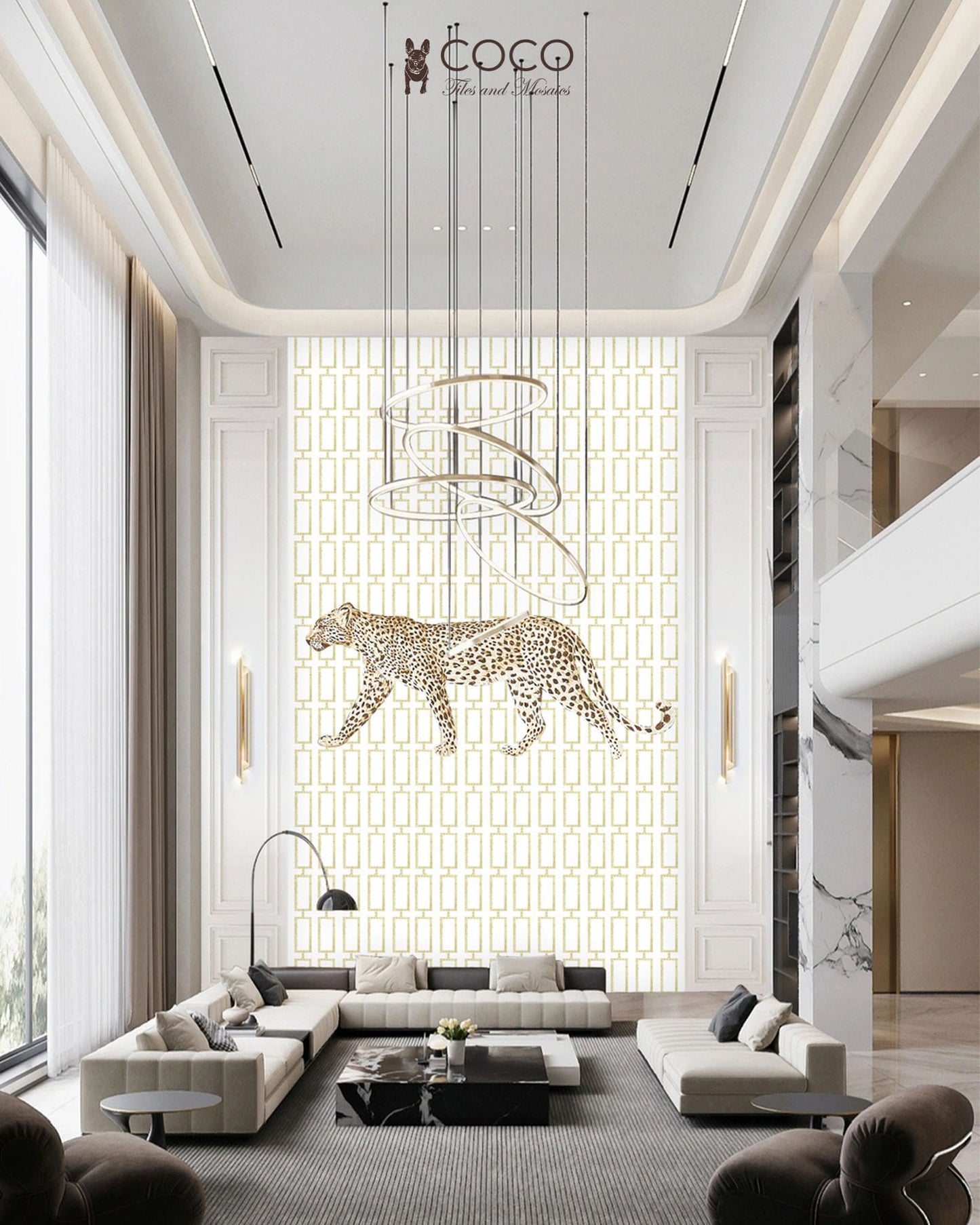 Gilded Grid - Gold & White Leopard Geometric Glass Mosaic Mural