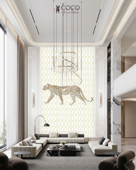 Gilded Grid - Gold & White Leopard Geometric Glass Mosaic Mural