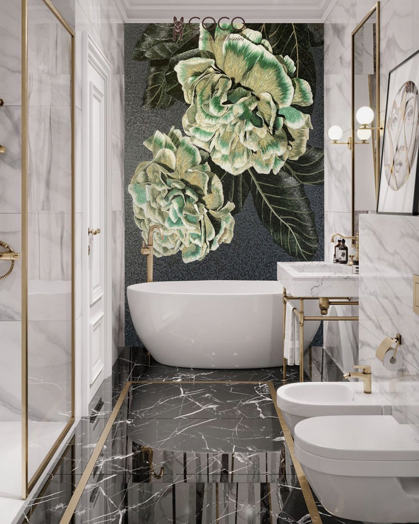 Jade Peony - Emerald & Charcoal Botanical Glass Mosaic Mural
