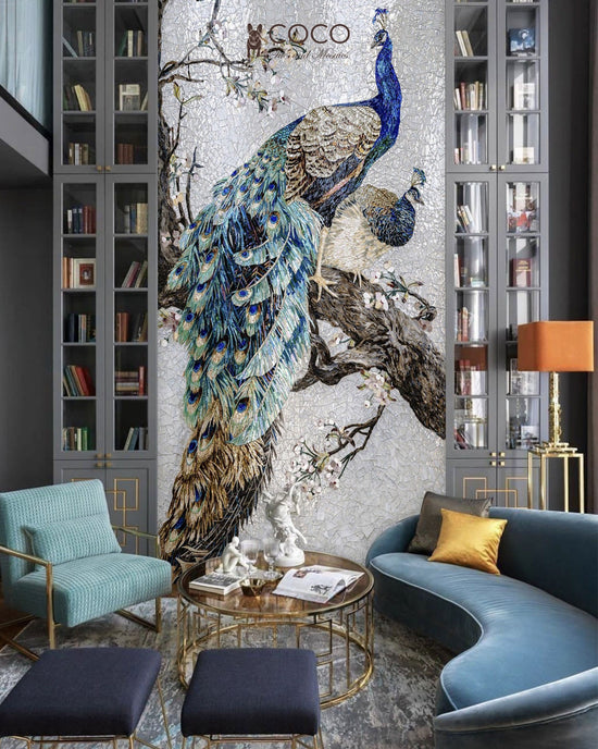 Cherry Blossom Peacocks - Blue & Silver Avian Glass Mosaic Mural