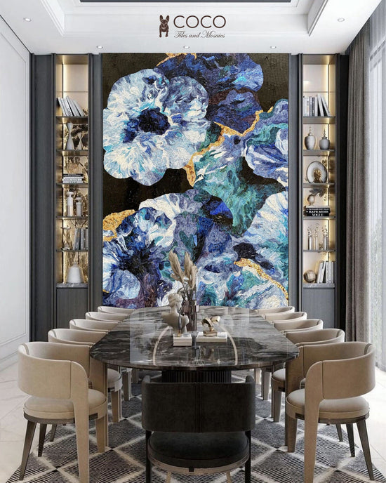 Cobalt Anemone - Blue & Teal Impressionist Floral Glass Mosaic Art