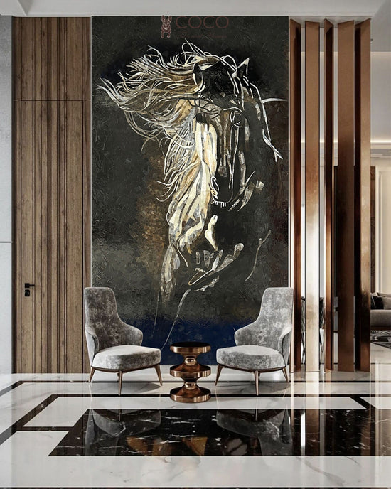 Phantom Stallion - Charcoal & Gold Abstract Equine Glass Mosaic
Art