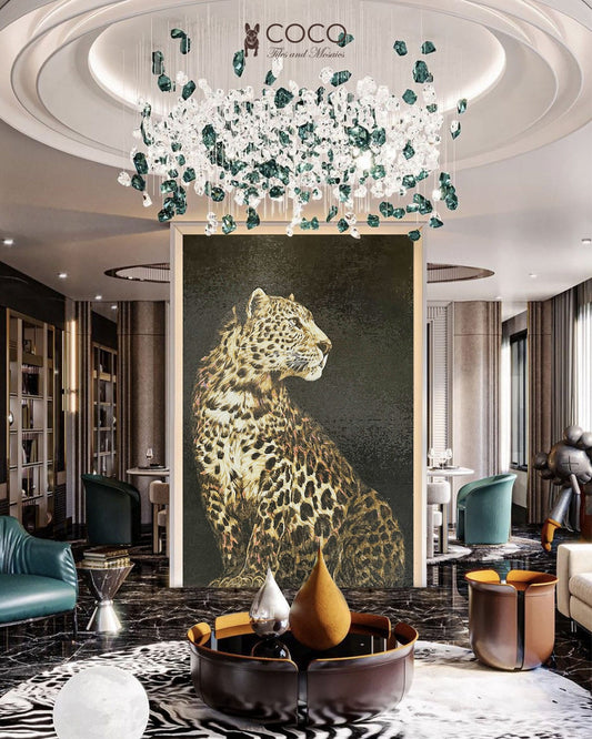 Emerald Throne - Gold & Olive Seated Leopard Glass Mosaic Mural