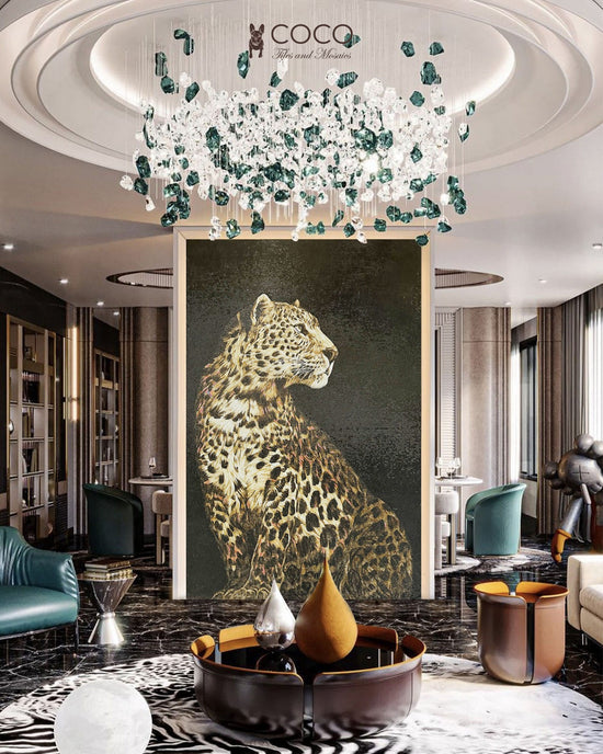 Emerald Throne - Gold & Olive Seated Leopard Glass Mosaic Mural