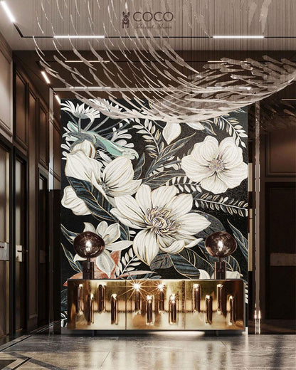 Tropical Gardenia - White & Teal Botanical Glass Mosaic Mural