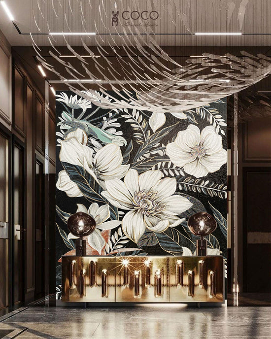 Tropical Gardenia - White & Teal Botanical Glass Mosaic Mural