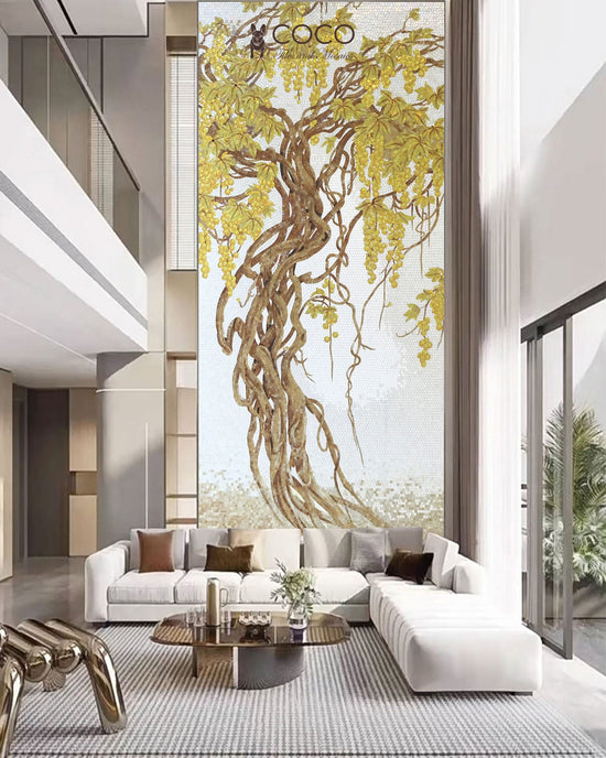 Golden Wisteria - Amber & Ivory Vine Tree Glass Mosaic Mural