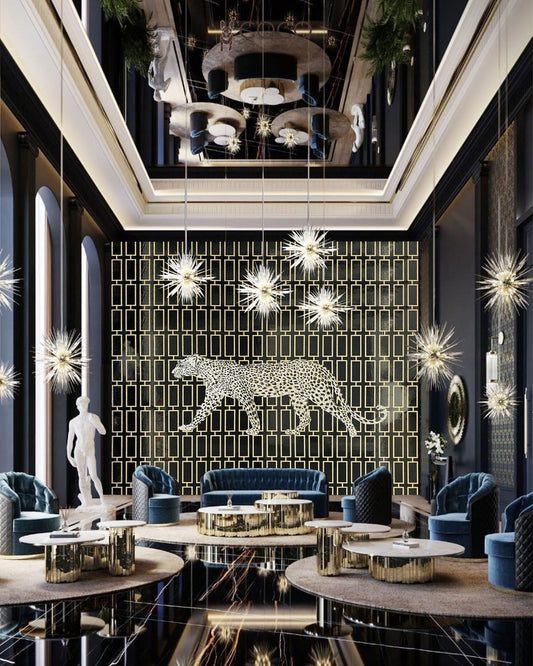 Noir Prowler - Black & Gold Leopard Geometric Glass Mosaic
Mural