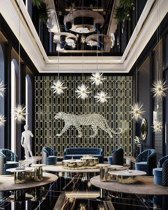 Noir Prowler - Black & Gold Leopard Geometric Glass Mosaic
Mural
