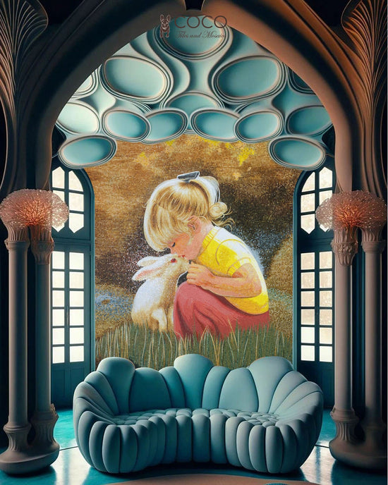 Tender Embrace - Gold & Pink Storybook Garden Glass Mosaic Art