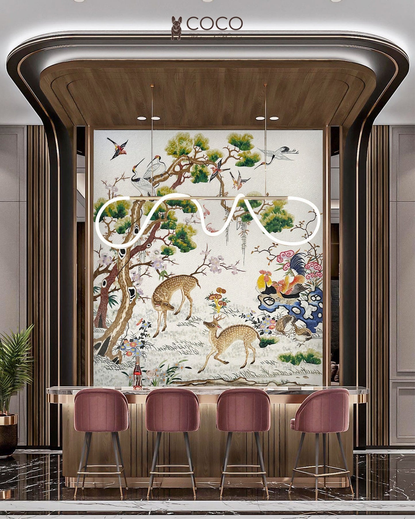 Enchanted Grove - Ivory & Green Chinoiserie Deer Glass Mosaic
Mural