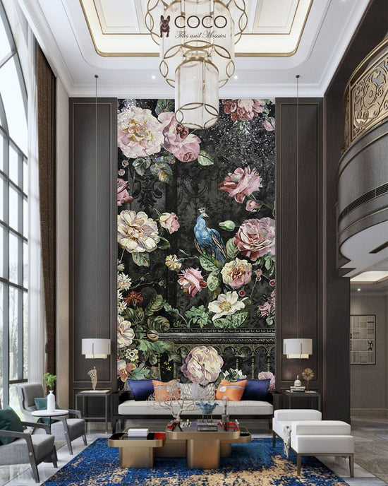 Baroque Rosarium - Blush & Noir Dutch Floral Glass Mosaic Mural