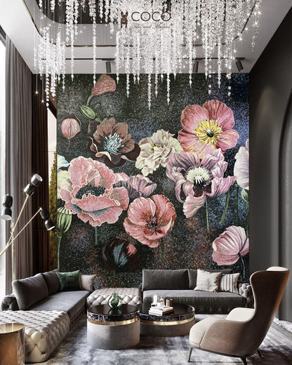Poppy Nocturne - Pink & Charcoal Botanical Glass Mosaic Mural