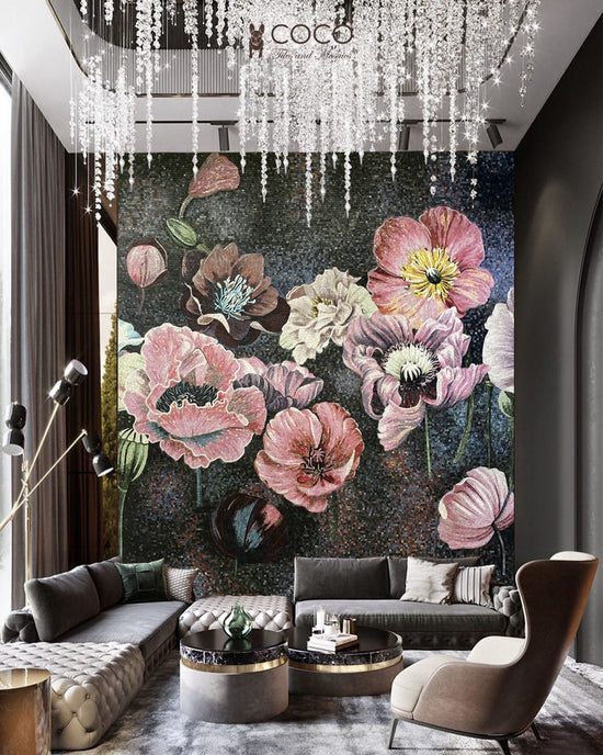Poppy Nocturne - Pink & Charcoal Botanical Glass Mosaic Mural