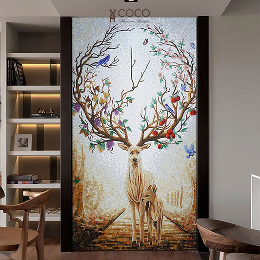 Artistic Mosaic - Birds on Fantasy Deer Antlers Tree