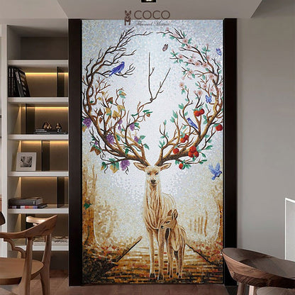 Artistic Mosaic - Birds on Fantasy Deer Antlers Tree