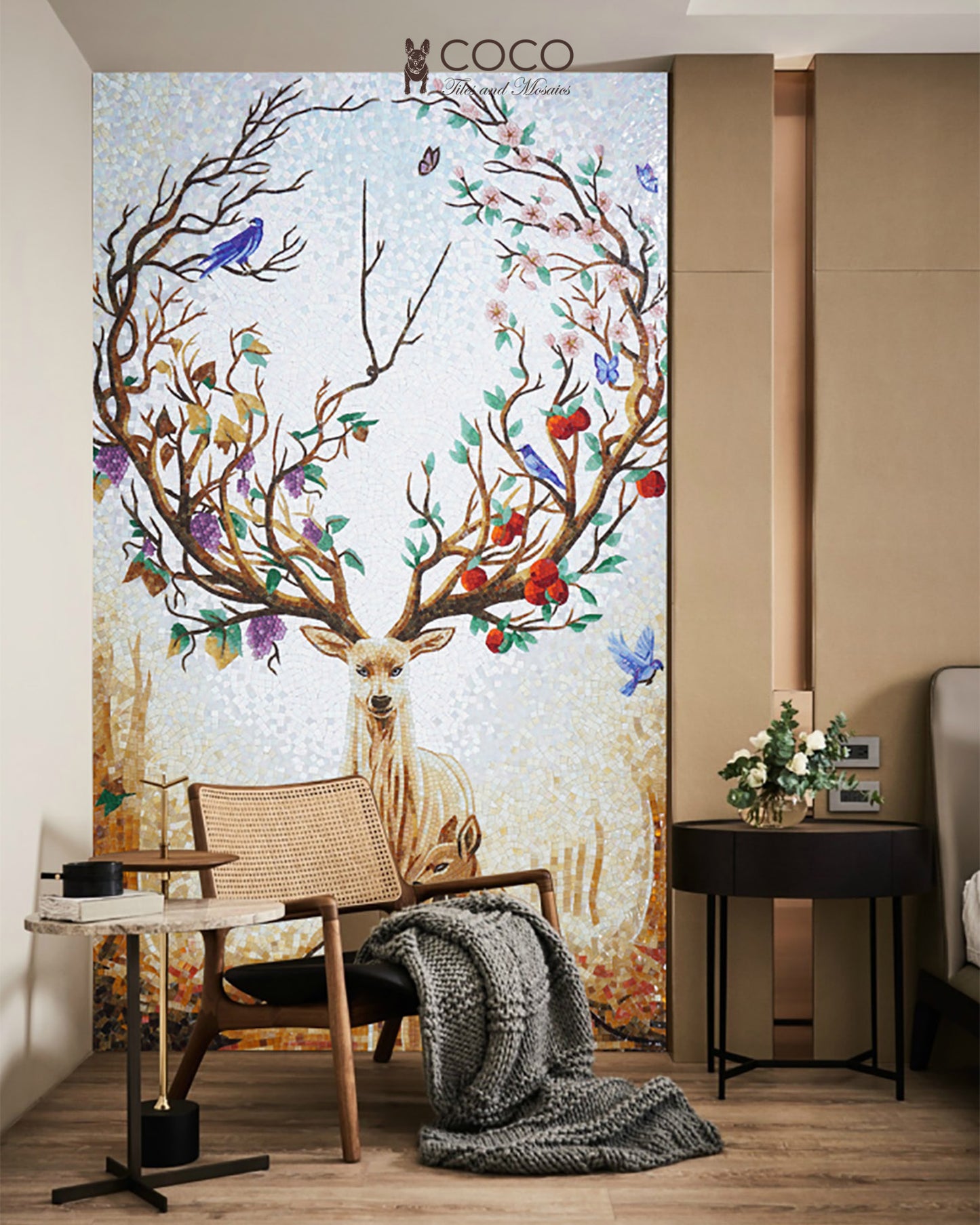 Artistic Mosaic - Birds on Fantasy Deer Antlers Tree