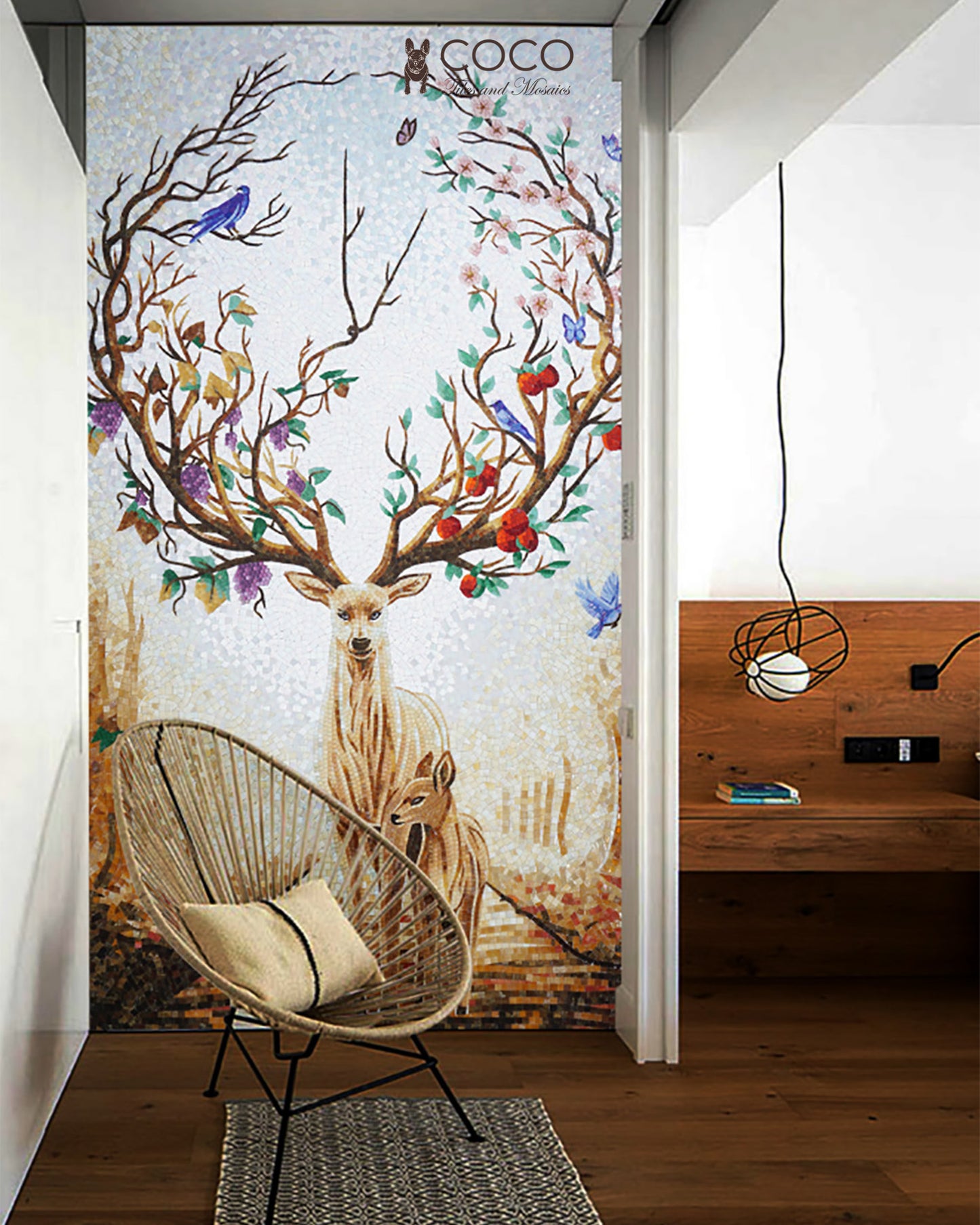 Artistic Mosaic - Birds on Fantasy Deer Antlers Tree