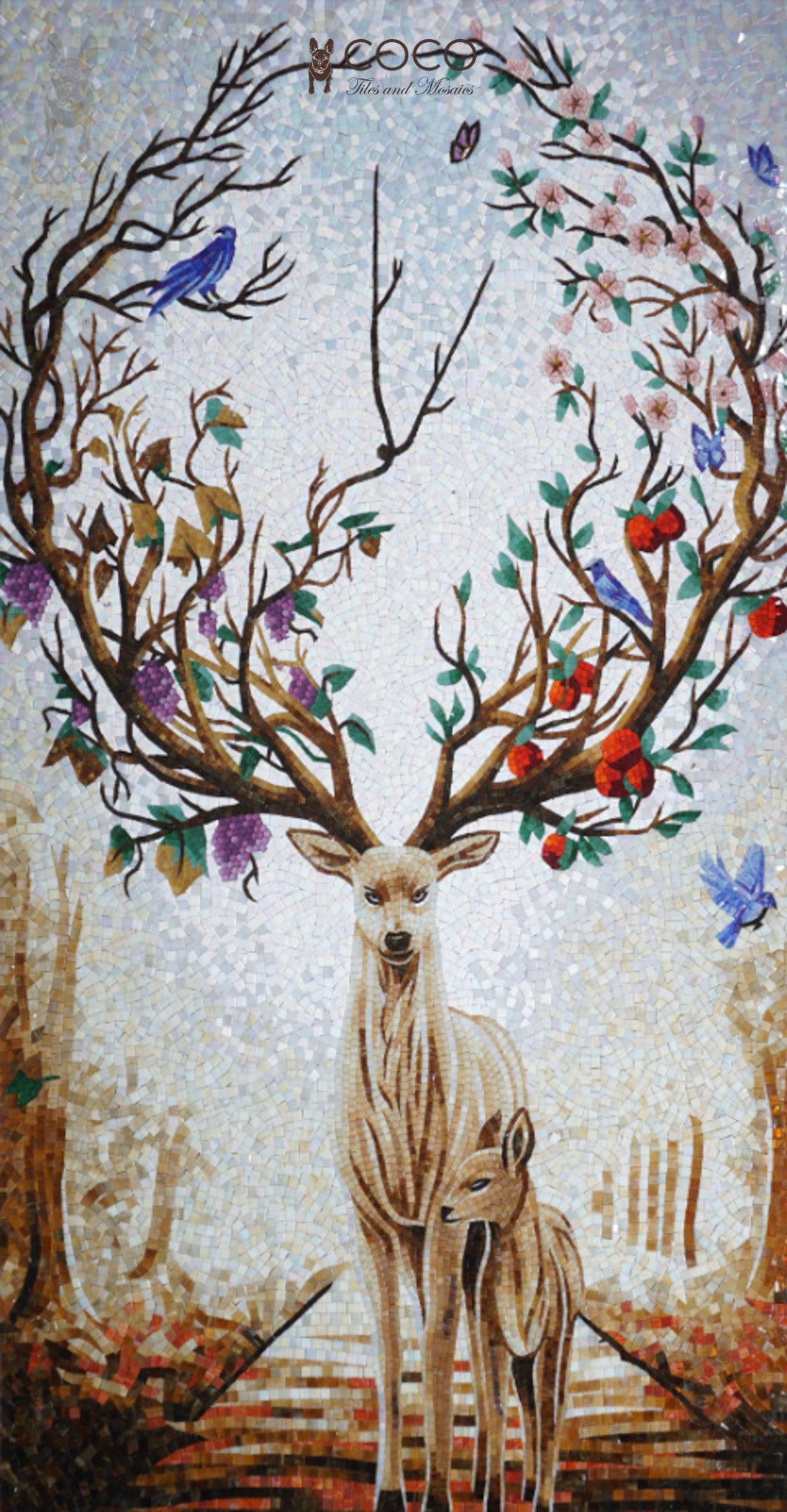 Artistic Mosaic - Birds on Fantasy Deer Antlers Tree