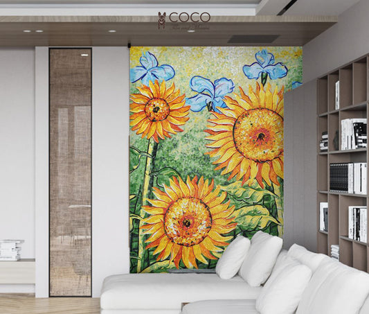 Artistic Mosaic - Sunflowers and Blue Poppies