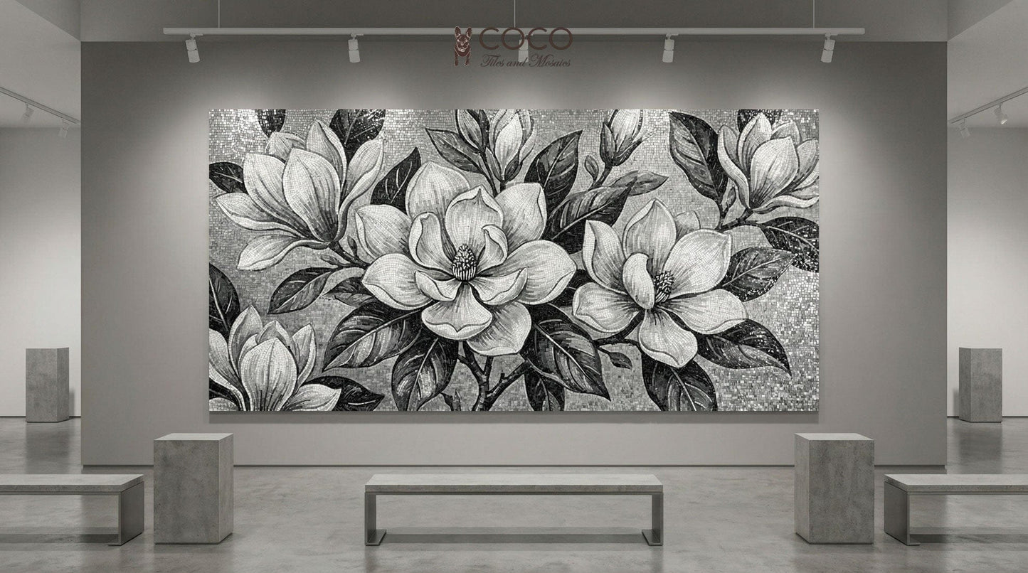 Midnight Magnolia - Monochrome Glass Mosaic Mural