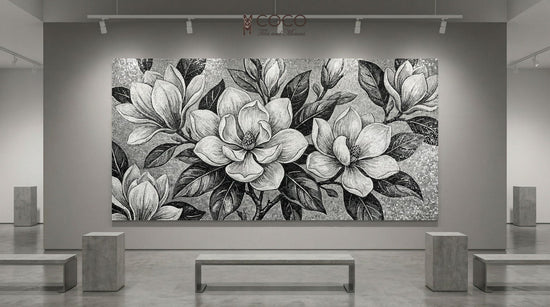 Midnight Magnolia - Monochrome Glass Mosaic Mural