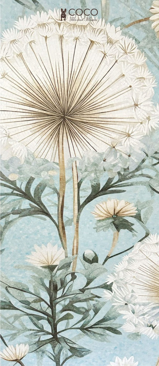 Aqua Breeze - Mint & Cream Dandelion Botanical Glass Mosaic Mural