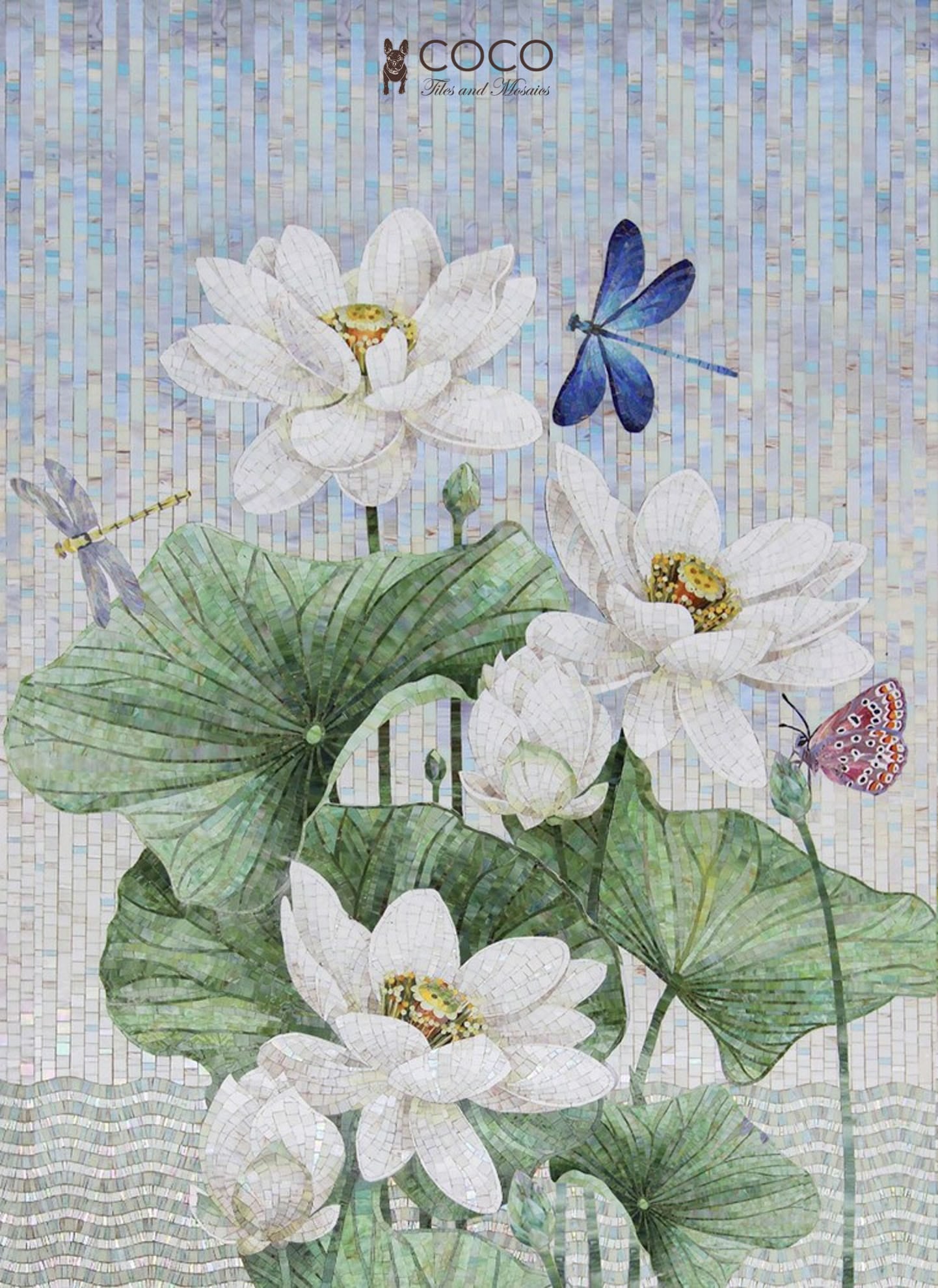 Tranquil Waters - Ivory & Sage Lotus Pond Glass Mosaic Mural