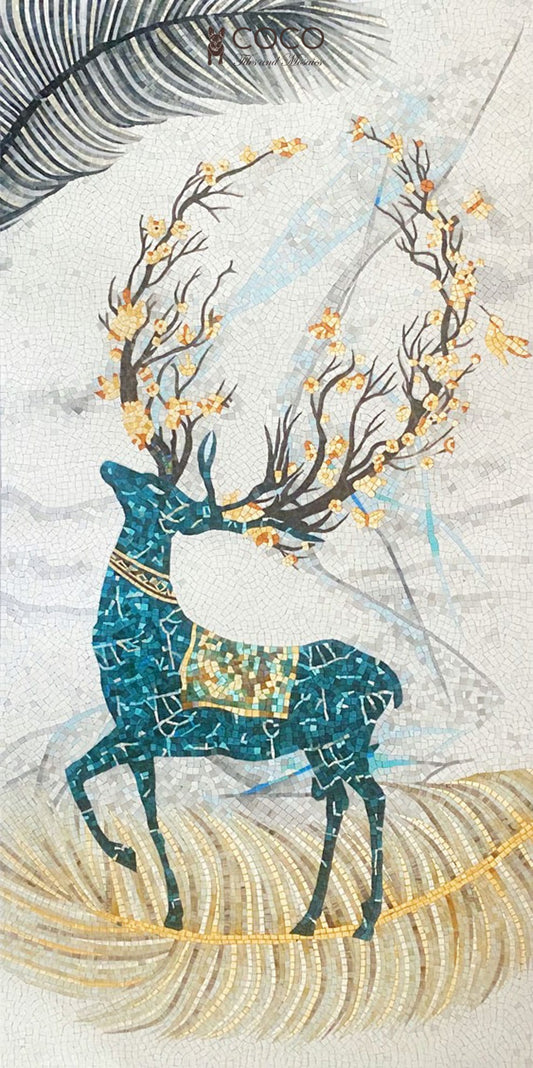 Turquoise Stag - Teal & Gold Decorative Deer Glass Mosaic Mural