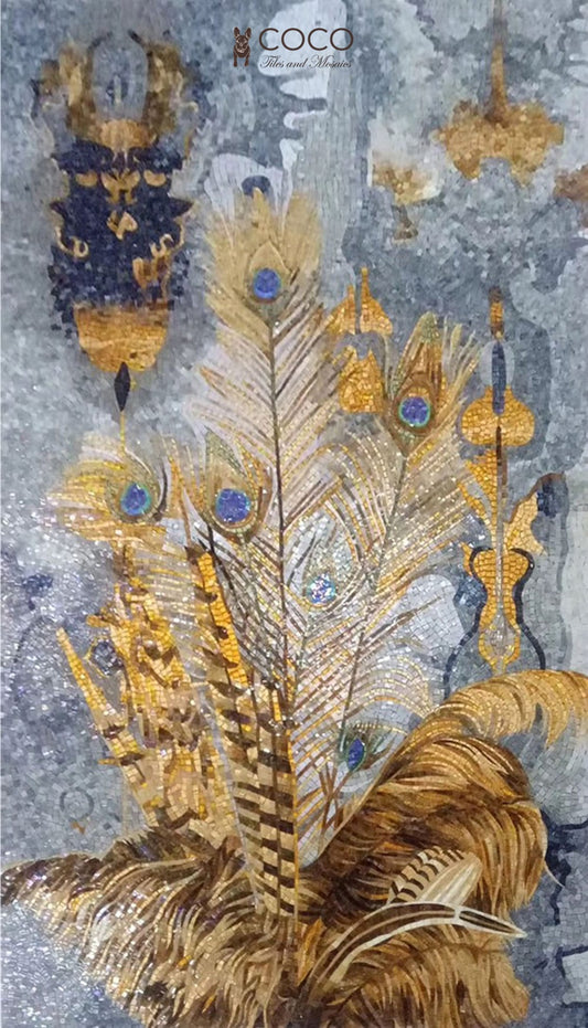 Opulent Plumes - Gold & Navy Peacock Feather Glass Mosaic Mural