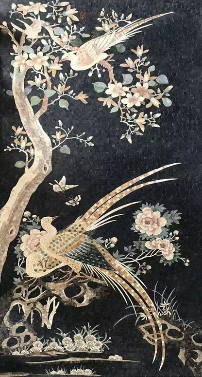 Spring Sonata: Handcrafted Mosaic Mural with Birds and Cherry Blossoms on Black Stone