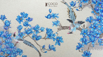 Azure Magnolia Songbirds Glass Mosaic Art