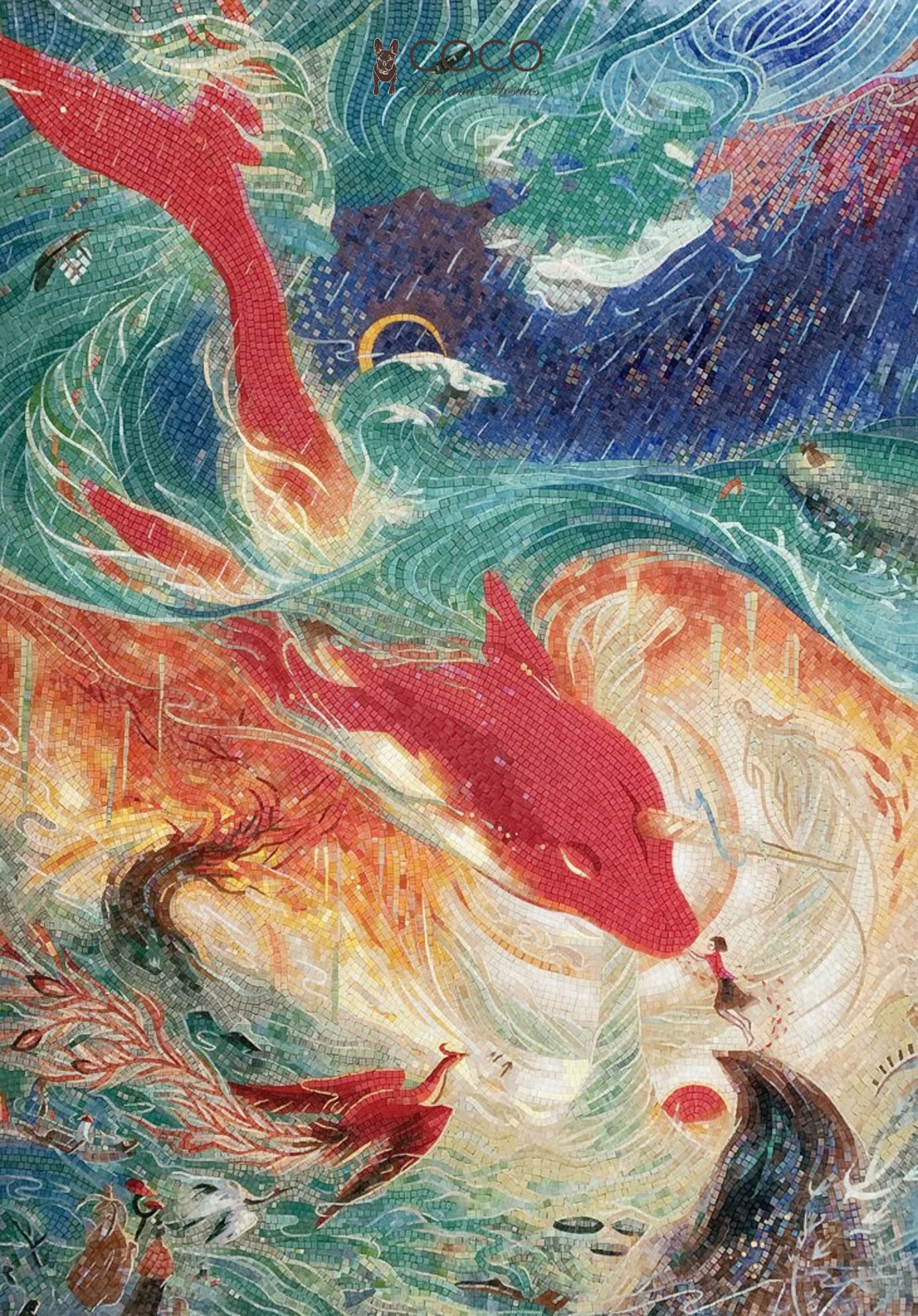 Scarlet Koi - Red &
Teal Swirling Fish
Glass Mosaic Mural