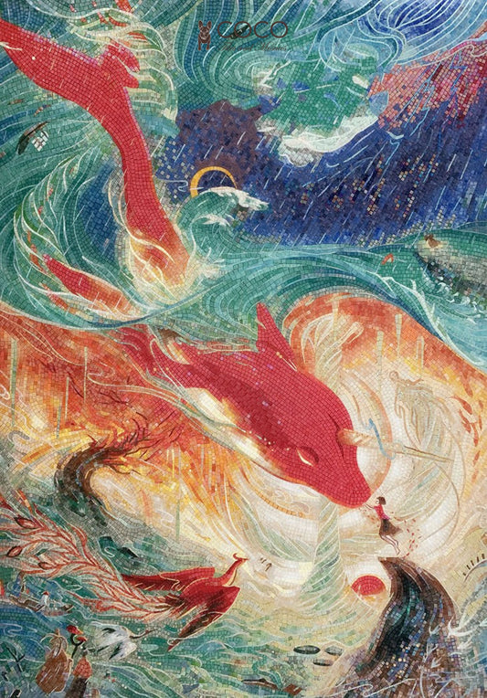 Scarlet Koi - Red &
Teal Swirling Fish
Glass Mosaic Mural