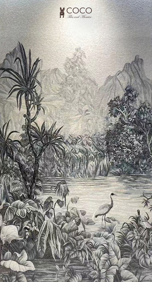 Silver Lagoon -
Monochrome Tropical
Landscape Glass
Mosaic Mural