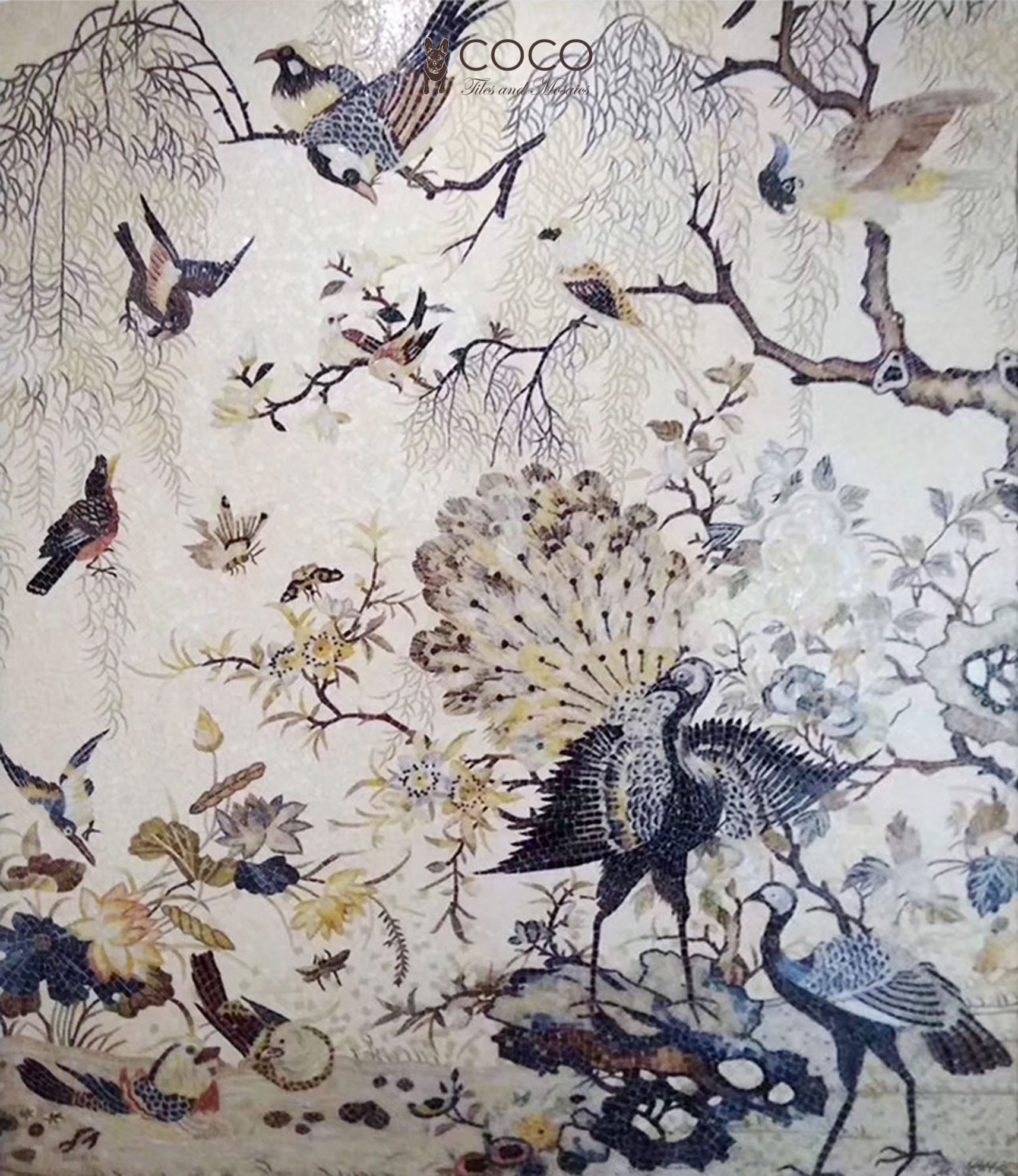 Chinoiserie Aviary -
Ivory & Indigo Peacock
Garden Glass Mosaic
Mural