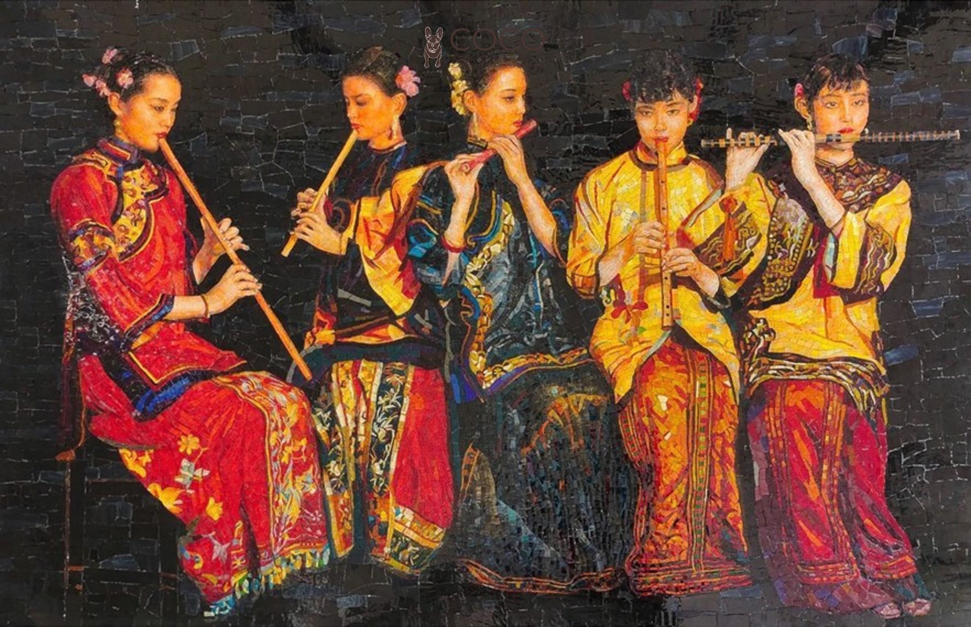Silk Melody - Red & Gold Flute Musicians Stpne Mosaic Mural