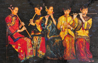 Silk Melody - Red & Gold Flute Musicians Stpne Mosaic Mural