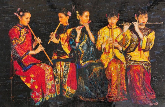 Silk Melody - Red & Gold Flute Musicians Stpne Mosaic Mural