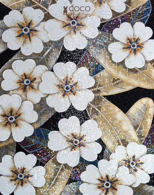Luminous Plum
Blossom - White &
Gold Floral Glass
Mosaic Mural