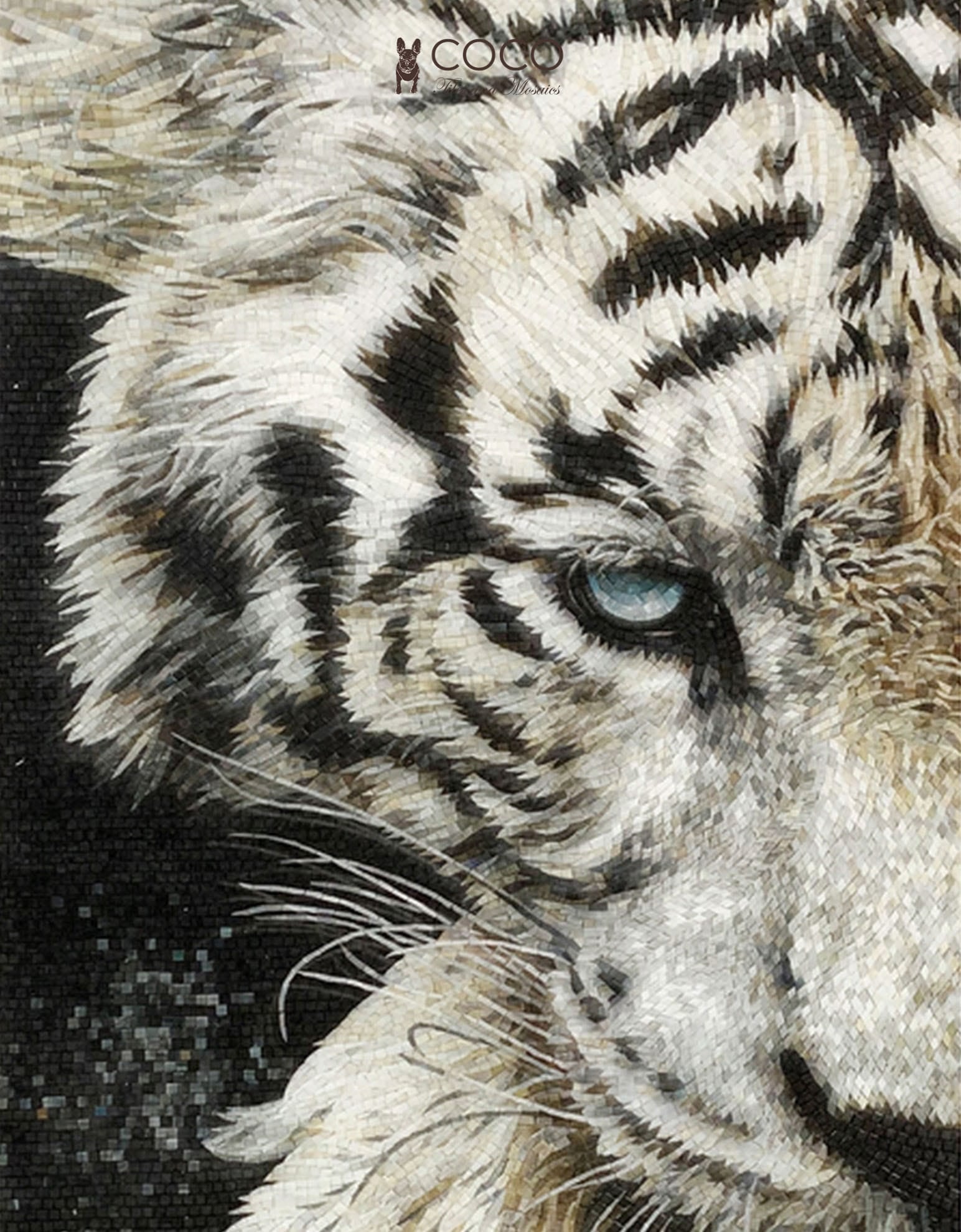 Polar Prowl - Monochrome White Tiger Portrait Glass Mosaic Mural