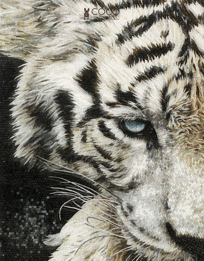 Polar Prowl - Monochrome White Tiger Portrait Glass Mosaic Mural