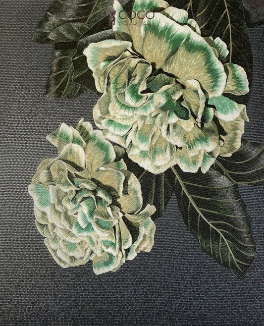Jade Peony - Emerald & Charcoal Botanical Glass Mosaic Mural