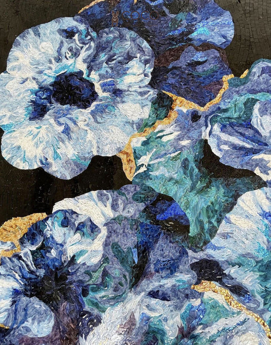 Cobalt Anemone - Blue & Teal Impressionist Floral Glass Mosaic Art