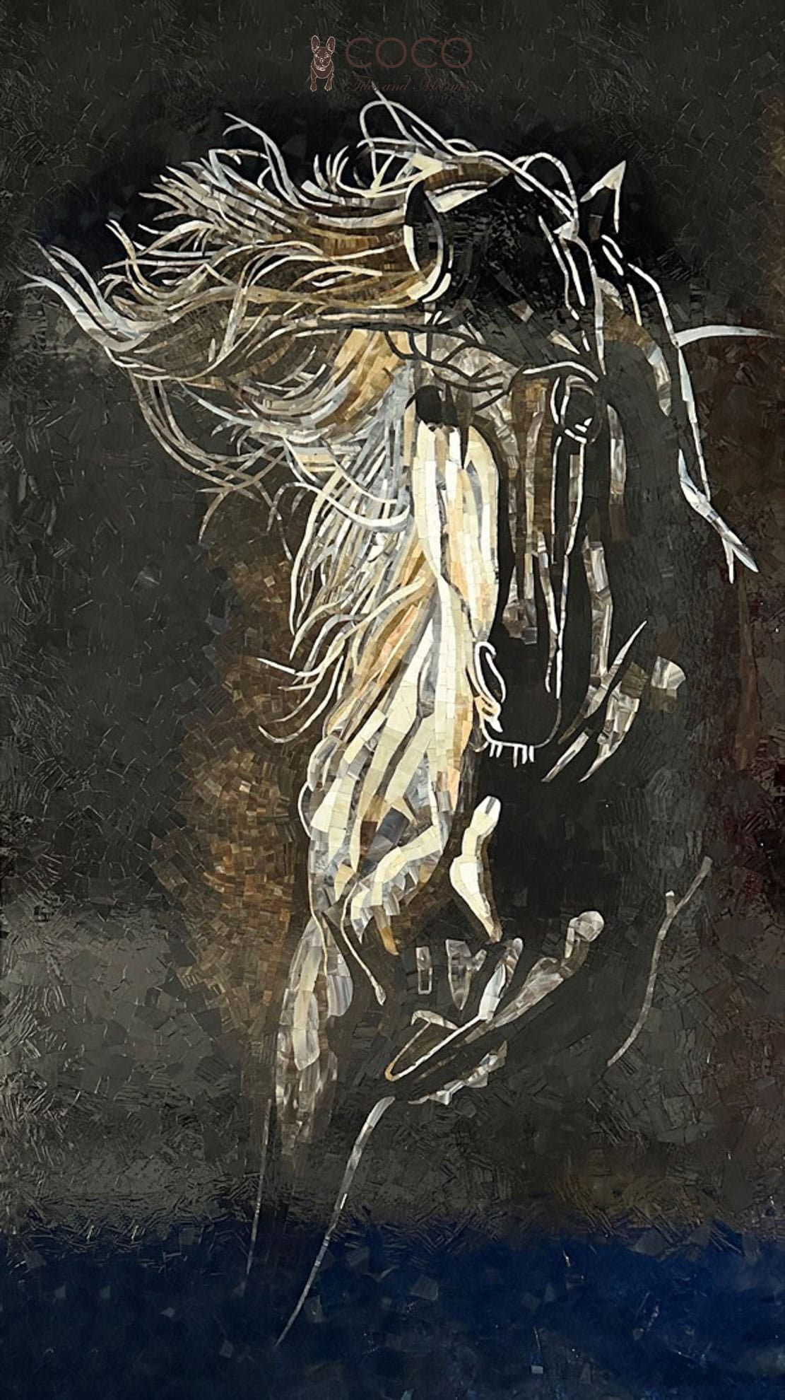 Phantom Stallion - Charcoal & Gold Abstract Equine Glass Mosaic
Art