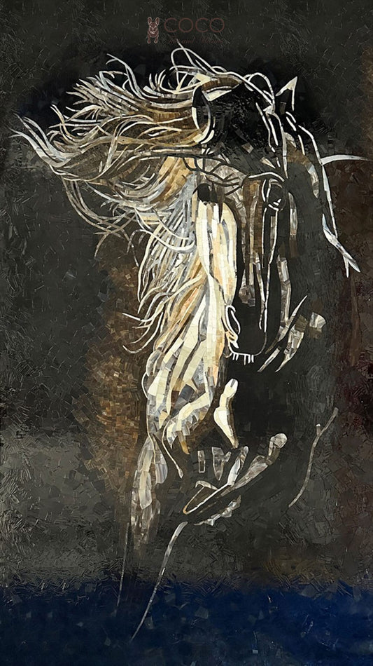 Phantom Stallion - Charcoal & Gold Abstract Equine Glass Mosaic
Art