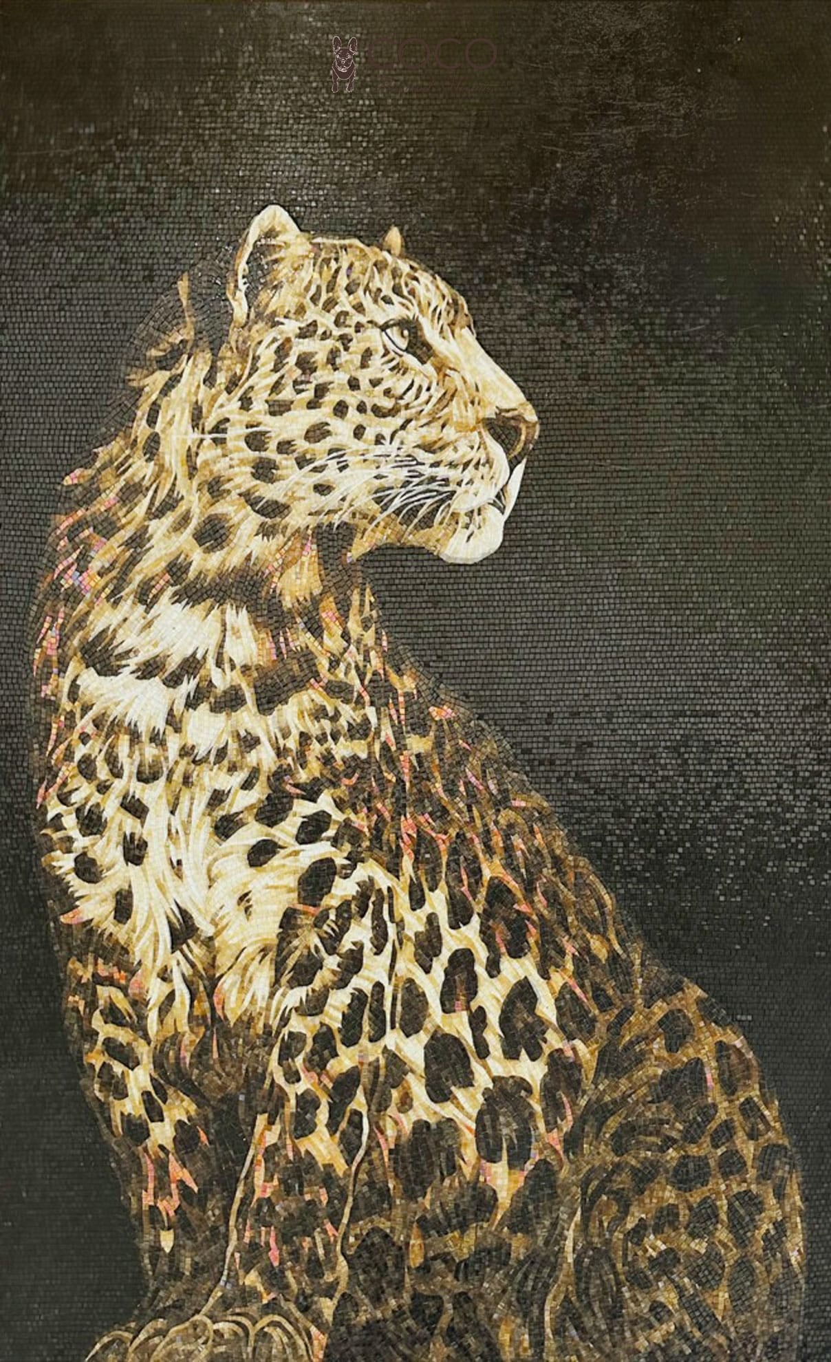 Emerald Throne - Gold & Olive Seated Leopard Glass Mosaic Mural
