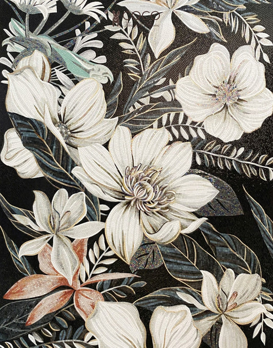 Tropical Gardenia - White & Teal Botanical Glass Mosaic Mural