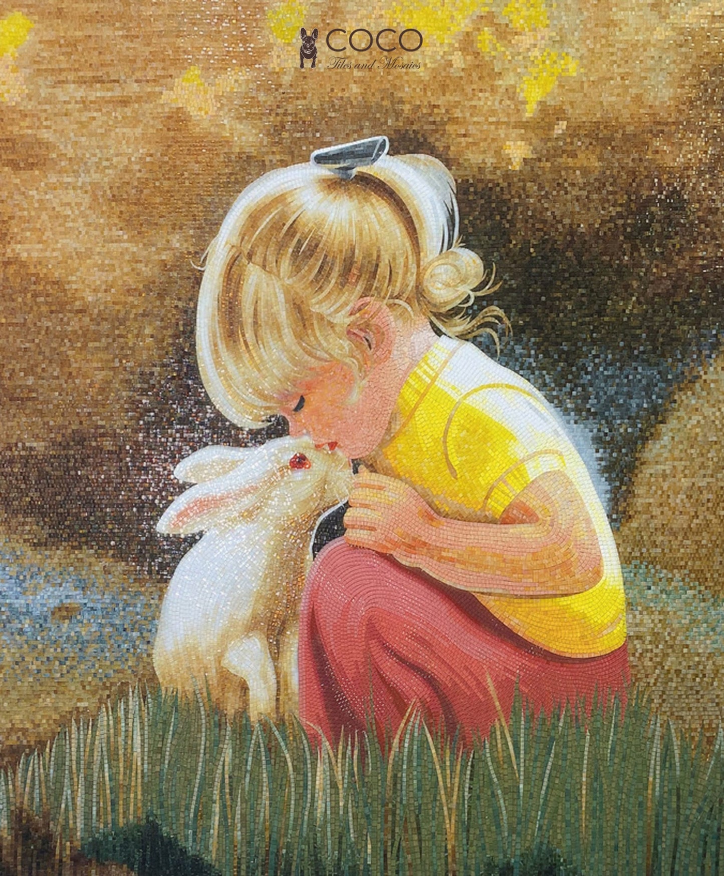 Tender Embrace - Gold & Pink Storybook Garden Glass Mosaic Art